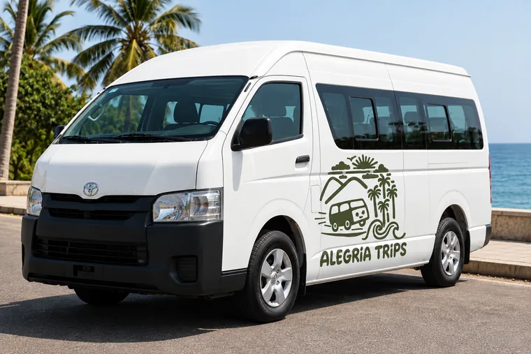 The white Alegria Trips Toyota Hiace van with the Alegria Trips logo, parked by the sea